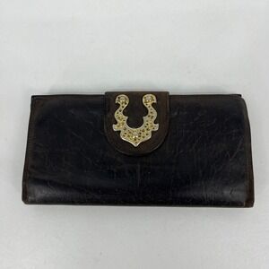 Rolfs Vintage Calfskin Leather Wallet Dark Brown Ornate Metal Clasp Kiss Lock